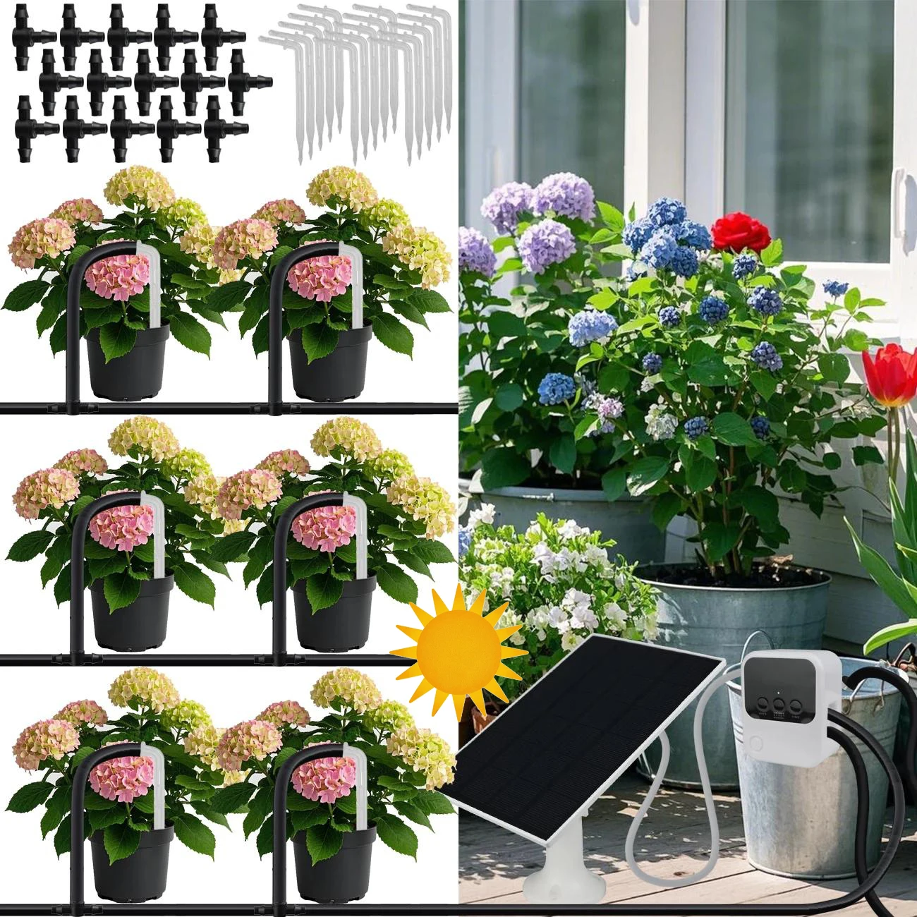 Garden Solar Powered Pump Timer Drip Irrigation Kit Automatic Watering System Dripper DIY for Balcony Indoor Bonsai Plant Flower