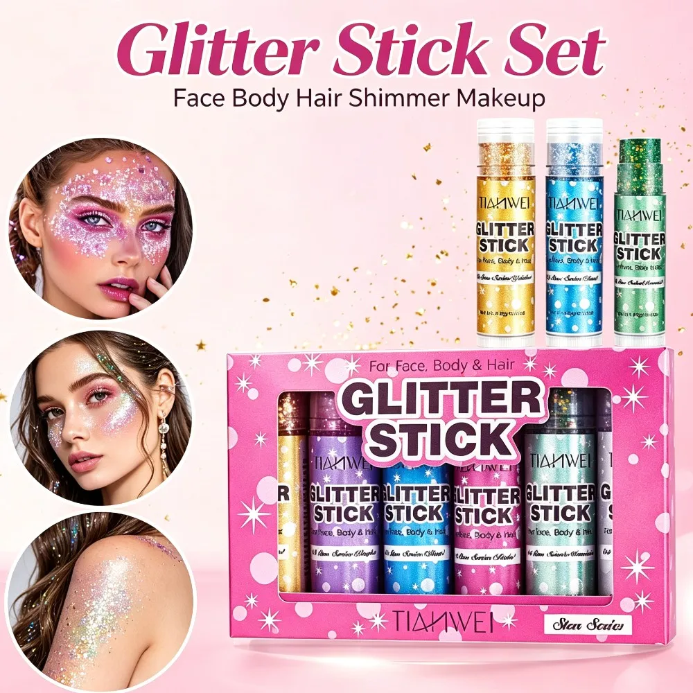 Shimmer Glitter Stick Set Sequin Sparkling Gel Long‑Lasting Stage Face Lip Hair Body Makeup Festival Party Cosmetic Cream Gel