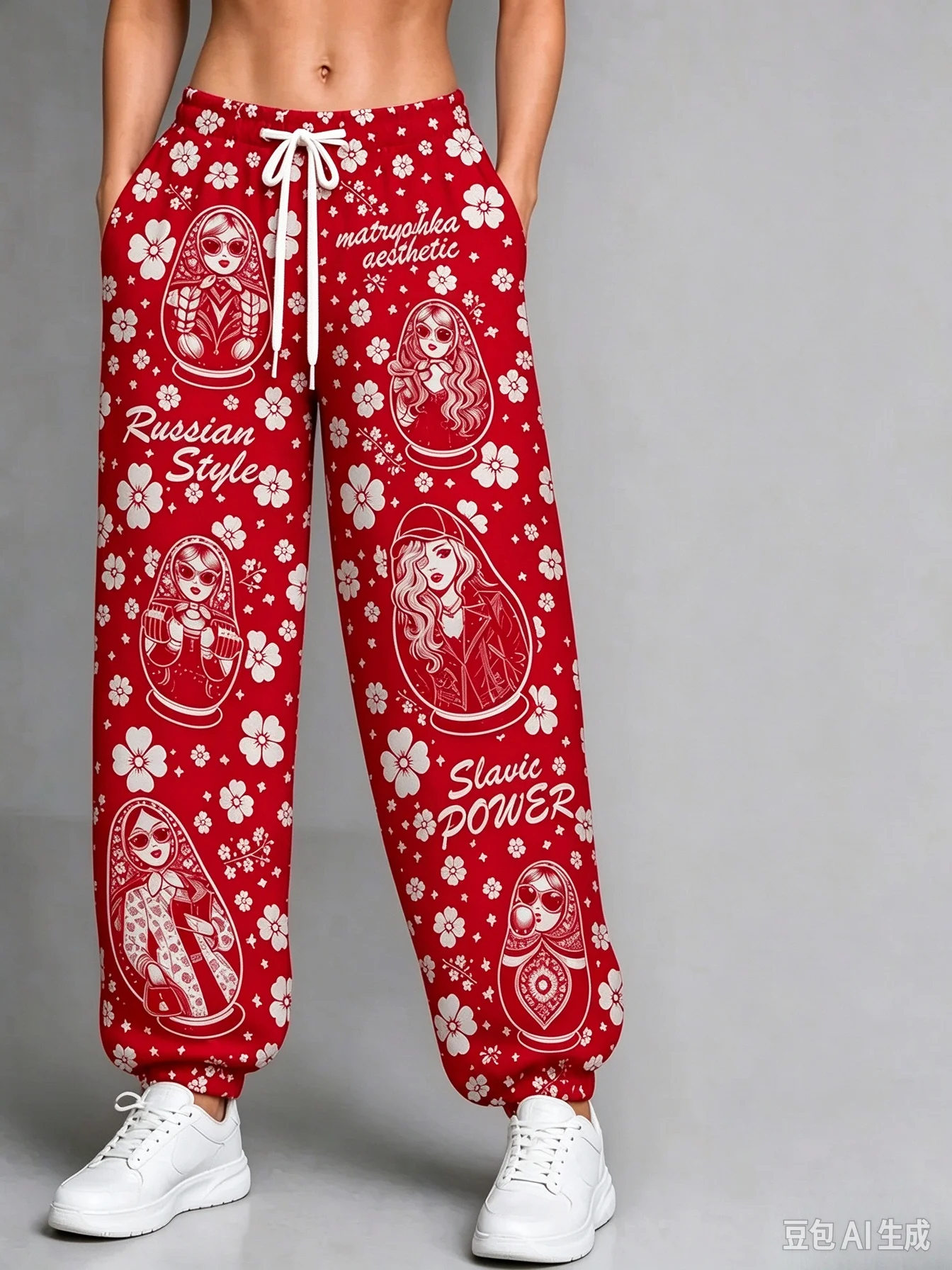 Comfy Red Matryoshka Floral Print Baggy Women's Sweatpants with Pockets Elastic Cuffs All-match Daily Casual Jogger Pants