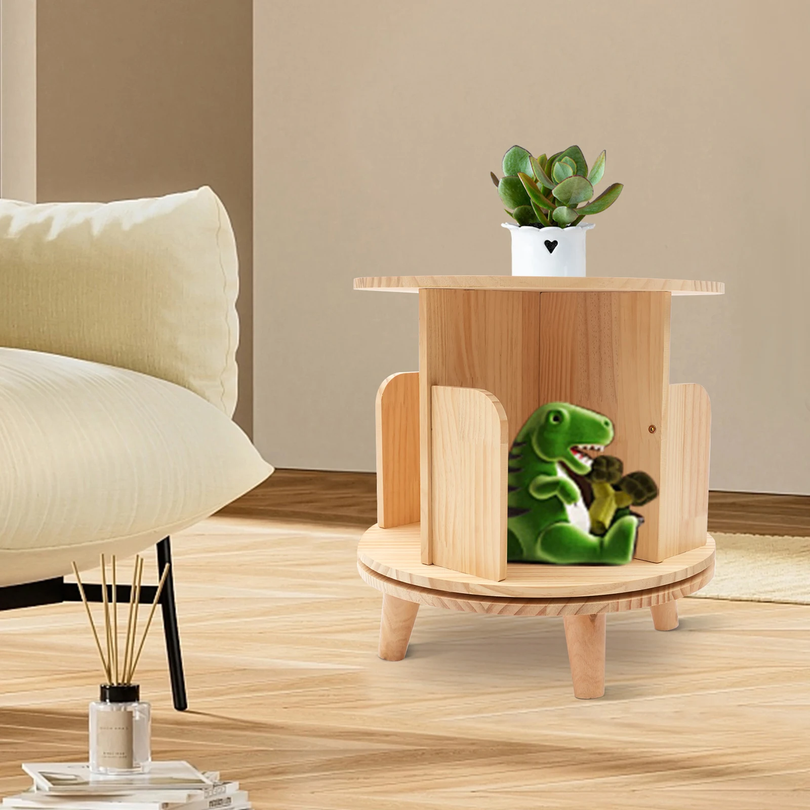 

Revolving bookshelf, New Zealand pine wood, 4 compartments, 110lbs load-bearing capacity, space-saving design for books and deco