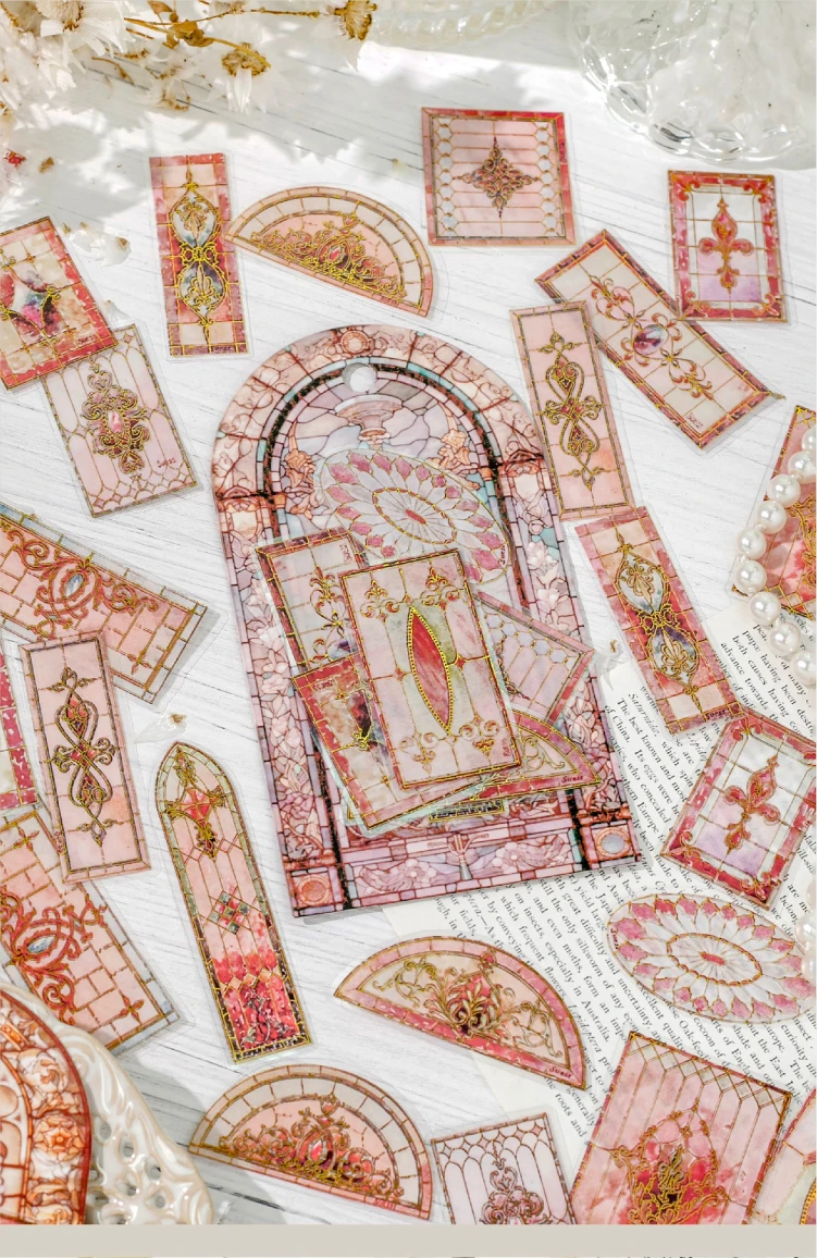 Journal GO 30 Stück Vintage wunderschöne florale Fliesen-Aufkleber mit Heißfolienprägung für Scrapbook-Karten, DIY, goldene geprägte Muster, Planer-Aufkleber – Detail 11