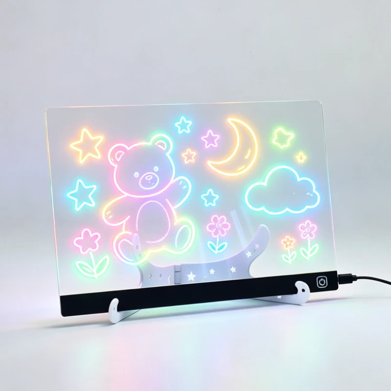 RGB LED Drawing Board USB Erase Note Board Includes Stand, 7 Markers, Perfect for Holidays and Birthday,20x20CM
