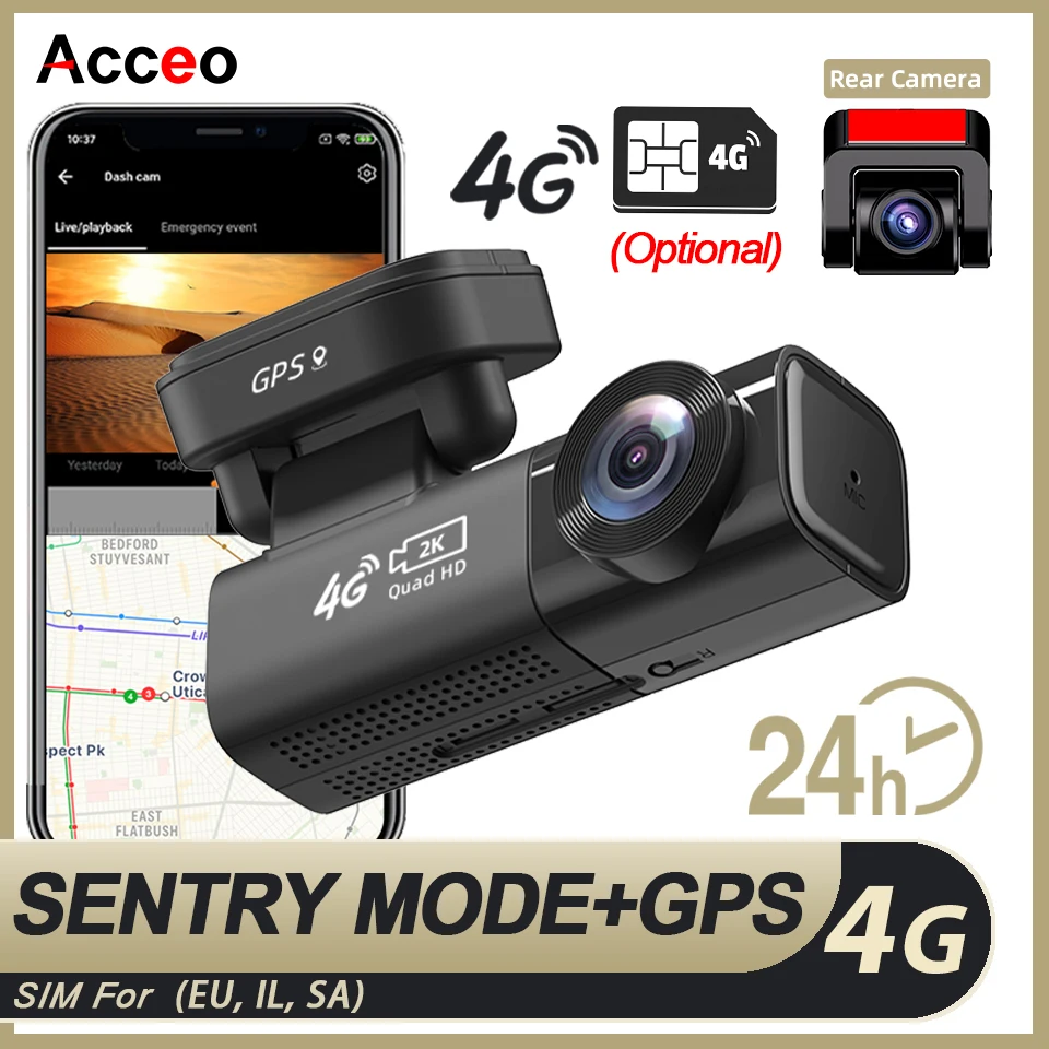 

Автомобильный видеорегистратор Acceo 4G LTE с камерами 2K (передняя и задняя), GPS-трекингом, предупреждением о столкновении, онлайн-просмотром и функцией обнаружения человека