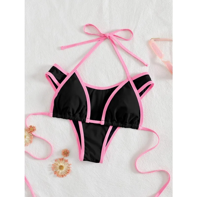ฤดูร้อนชายหาดผู้หญิง Contrast Trim Halterneck One- Piece ชุดว่ายน้ําเซ็กซี่ชุดว่ายน้ําชุดว่ายน้ํา