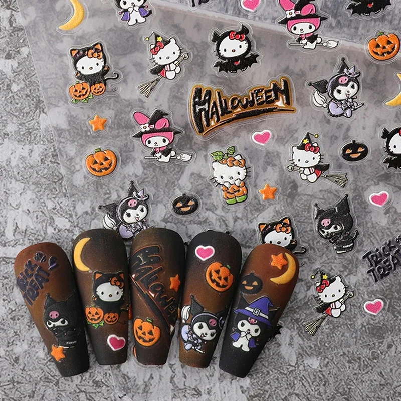 Halloween Sanrio Series Relief Nail Stickers Cartoon Hello Kitty Melody Cinnamoroll Girl Holiday Theme Nail Art DIY Decoration