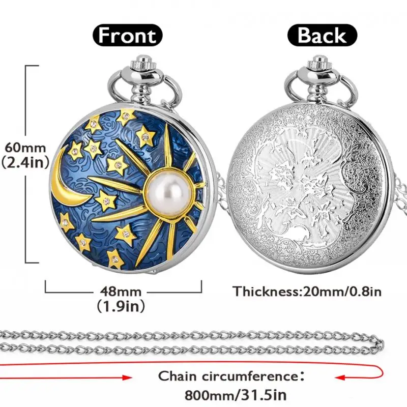 Sculpture en Relief d'étoiles bleu de mer et de lune, collier à Quartz incrusté de perles, montre de poche en argent, pendentif, chaîne, cadeaux pour hommes et femmes