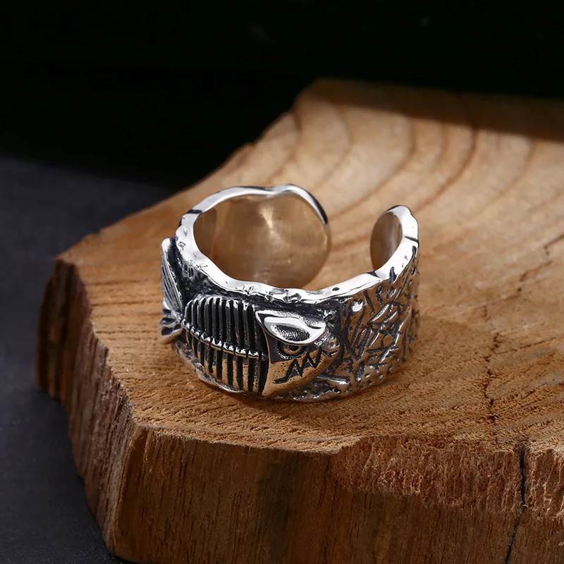 Wholesale 925 sterling silver ring year with fish pattern men's ring opening Thai silver retro trendy unique ornament