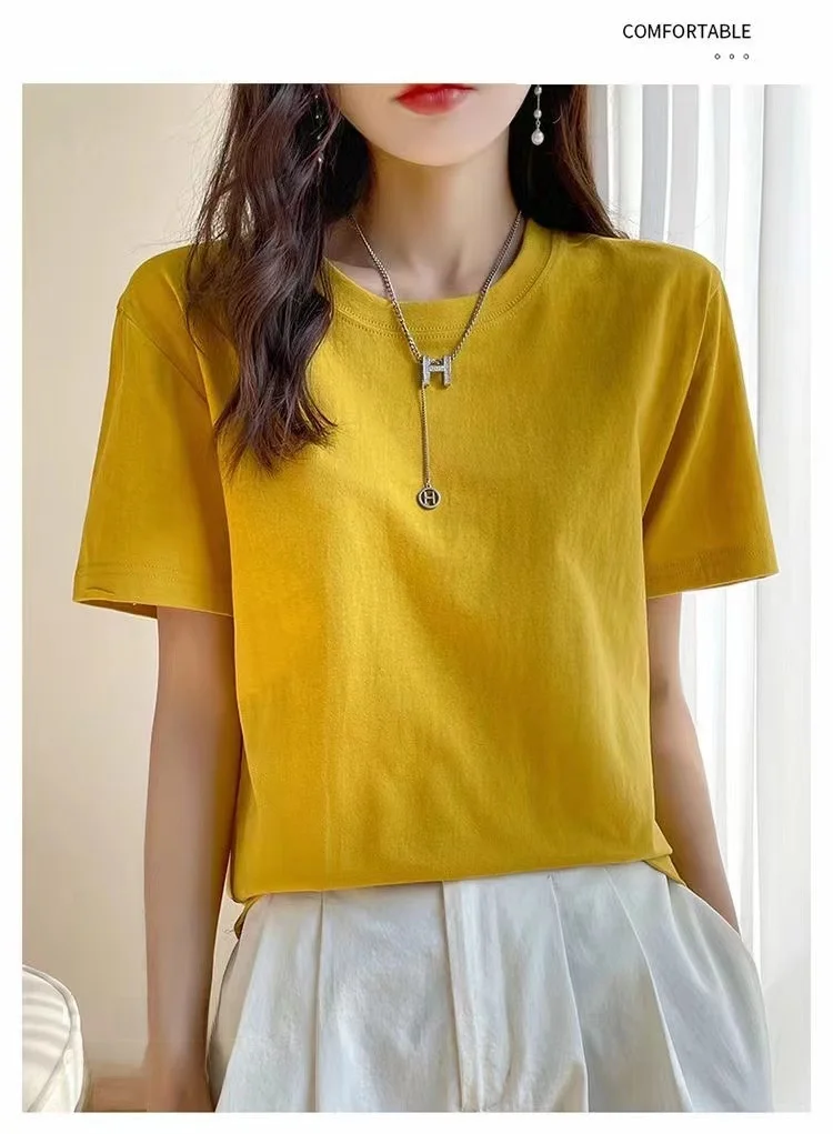 Pure Women's Short Sleeve T-Shirt 200g Pure Combed 100 Long Velvet Cotton Korean Style round Neck Casual Comfortable Fit