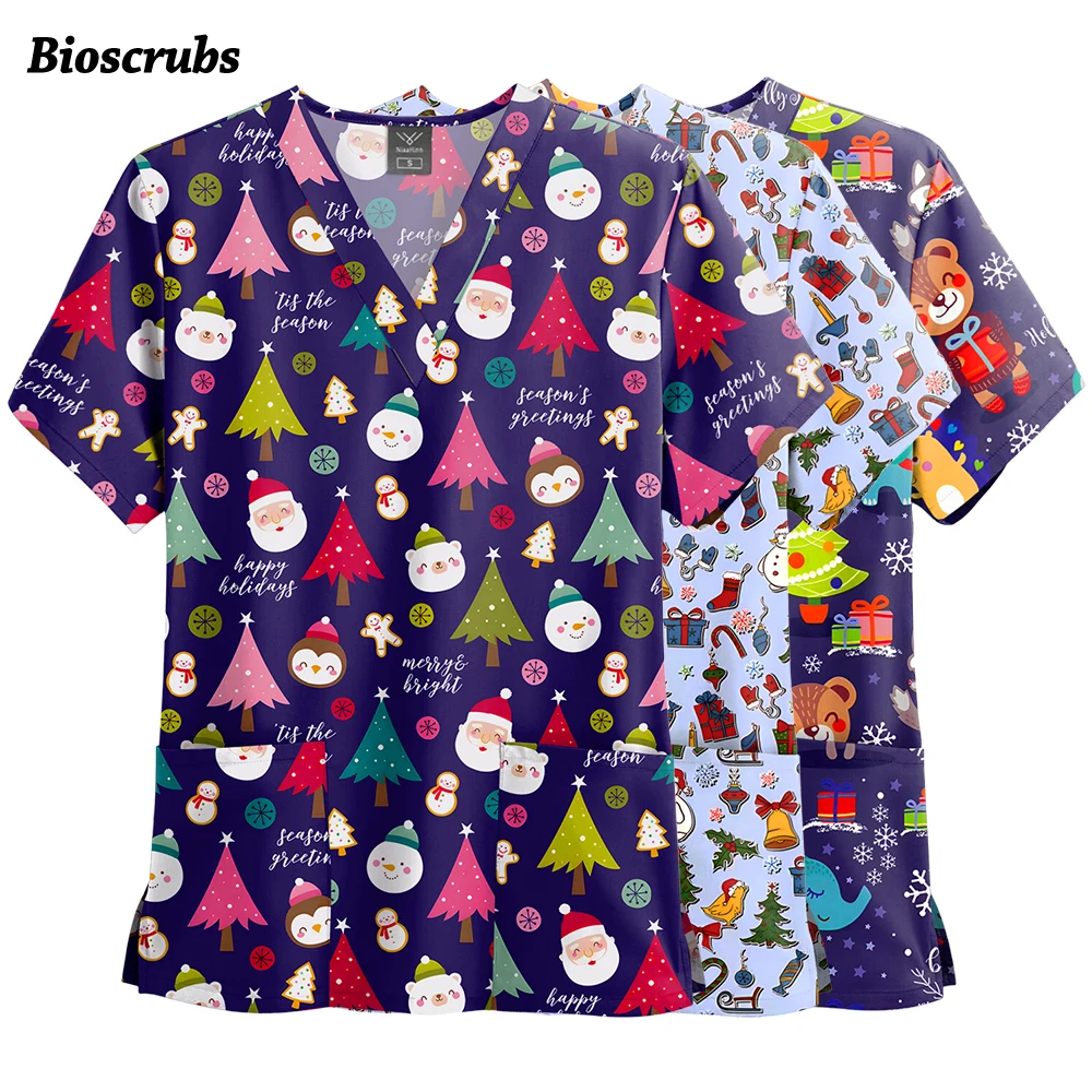 New Scrubs Shirts Medical Nurse Uniform Red Green Christmas Uniforms Men Women's V Neck Short Sleeve Tops Pockets Nursing Blouse