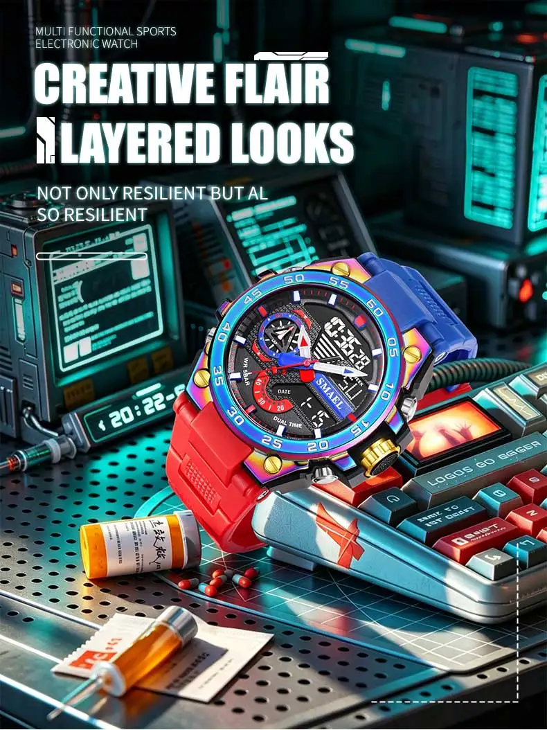 

SMAEL 8169 Men‘s Dual Display Sport Watch - 50M Waterproof LED Backlight Alarm Stopwatch Chronograph Shock Resistant