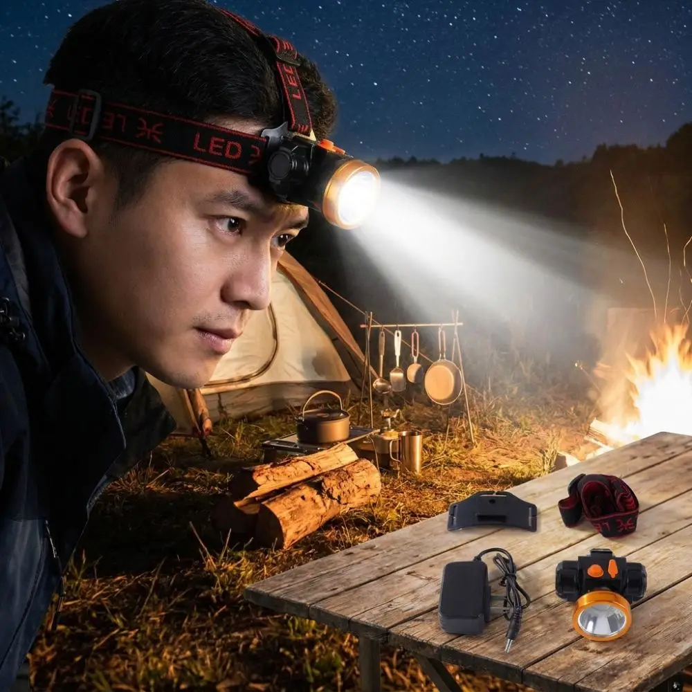 Rechargeable LED Mining Headlamp Waterproof Long Runtime Wearable Work Head Light Large Battery Clip and Strap Dual Wear