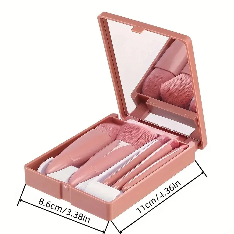 5Pcs Mini Foldable Makeup Brush Set With Built-in Mirror Portable Travel Cosmetic Brushes Kit For Daily Makeup