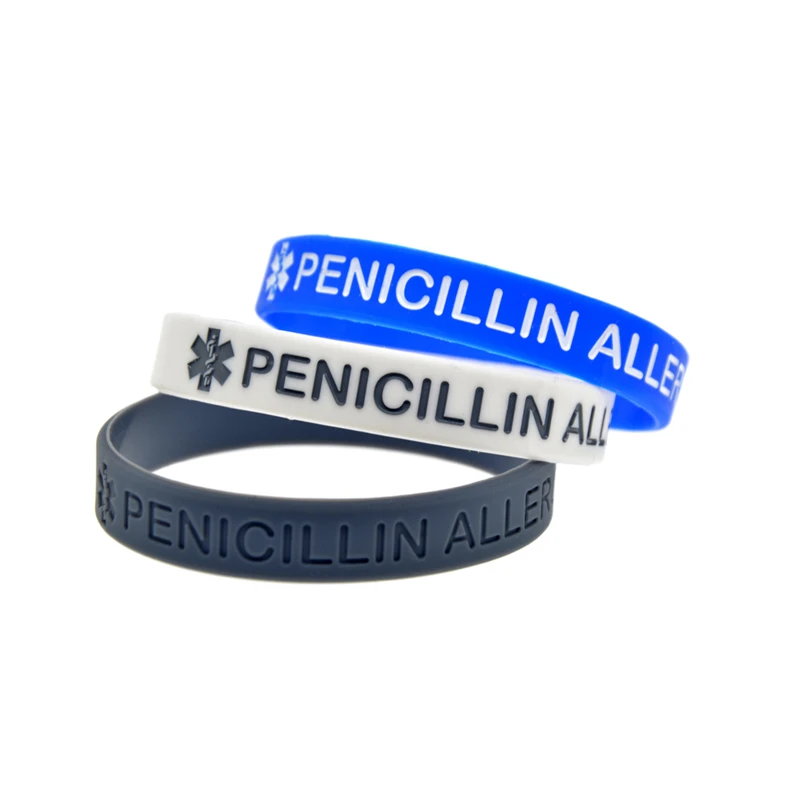 50 Pcs Medical Alert ID Bangle PENICILLIN ALLERGY Silicone Rubber Wristbands Adult Size 4 Colors