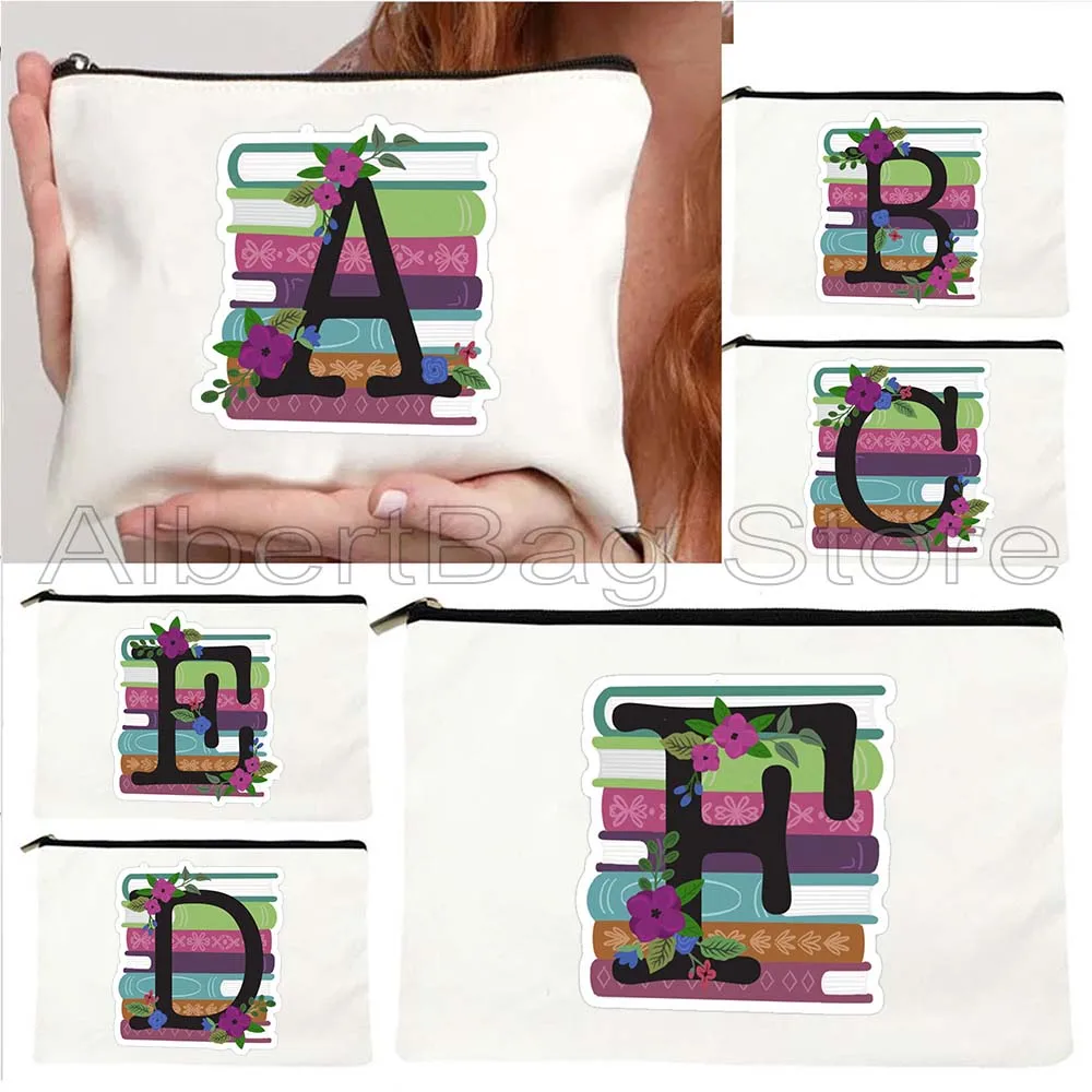 Flower Initial Letter A to Z Bookish Floral Monogram Aesthetic Floral Read Book Booklovers Cosmetic Makeup Bag Pencil Case Pouch