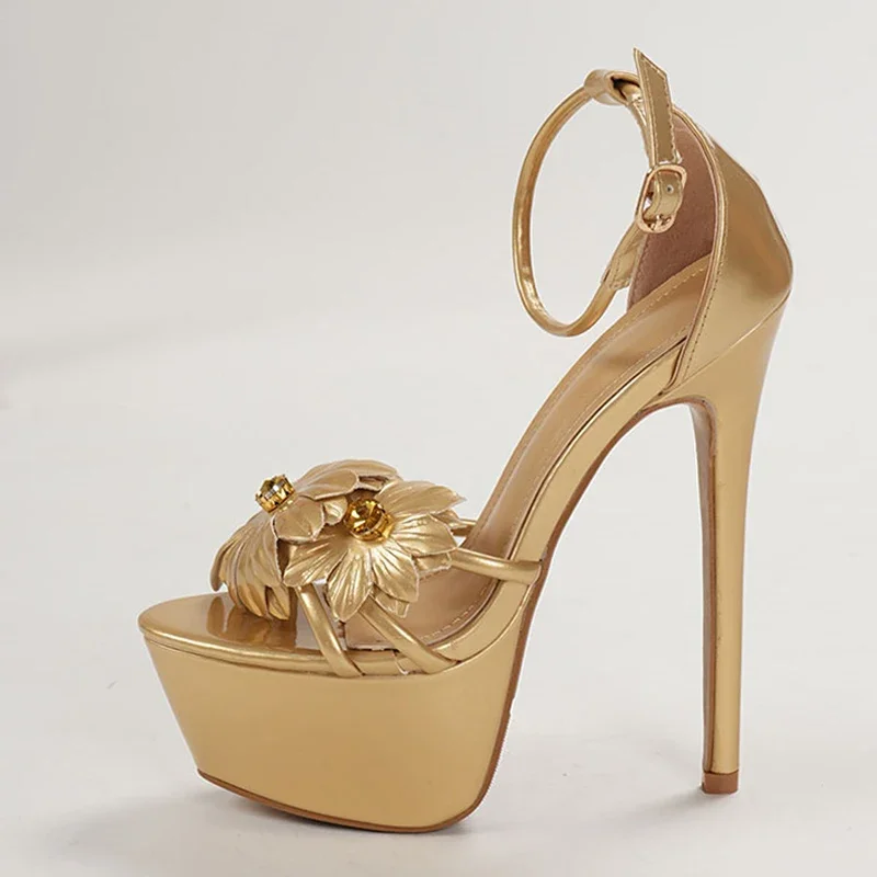 

2026 Women Sexy 16CM Gold Sandals Fashion Metal Decoration Sunflowers Peep Toe Platform High Heels Wedding Banquet Dress Shoes