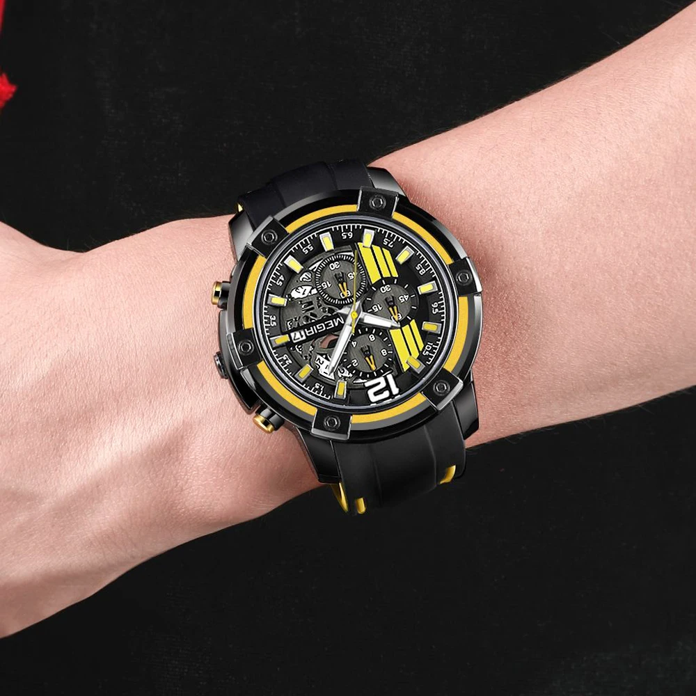 MEGIR Men\'s Yellow Silicone Strap Quartz Watches Chronograph Sports Clock for Man Rubber Military Army Male Gift Wristwatch 2097