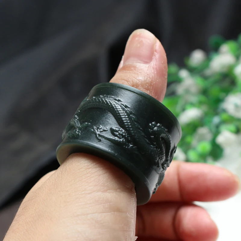 Natural hetian cyan jade ring, handmade dragon sculpture simple jade ring, men party wedding jewelry gift rings for men