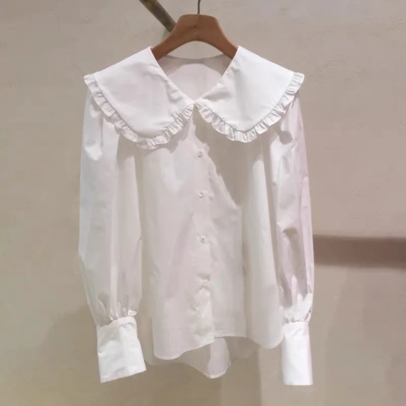 

Sweet Fre White Doll Collar Bubble Sve irt Stand Collar Versatile Cotton Long Sve Busin Casual Sle Spring 2023