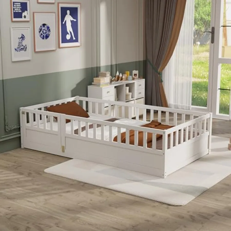 

Twin Floor Bed for'Bedroom Use, Metal and Solid Wood Construction, White Color, Montessori-Style with Door and Fence, No Box Sp