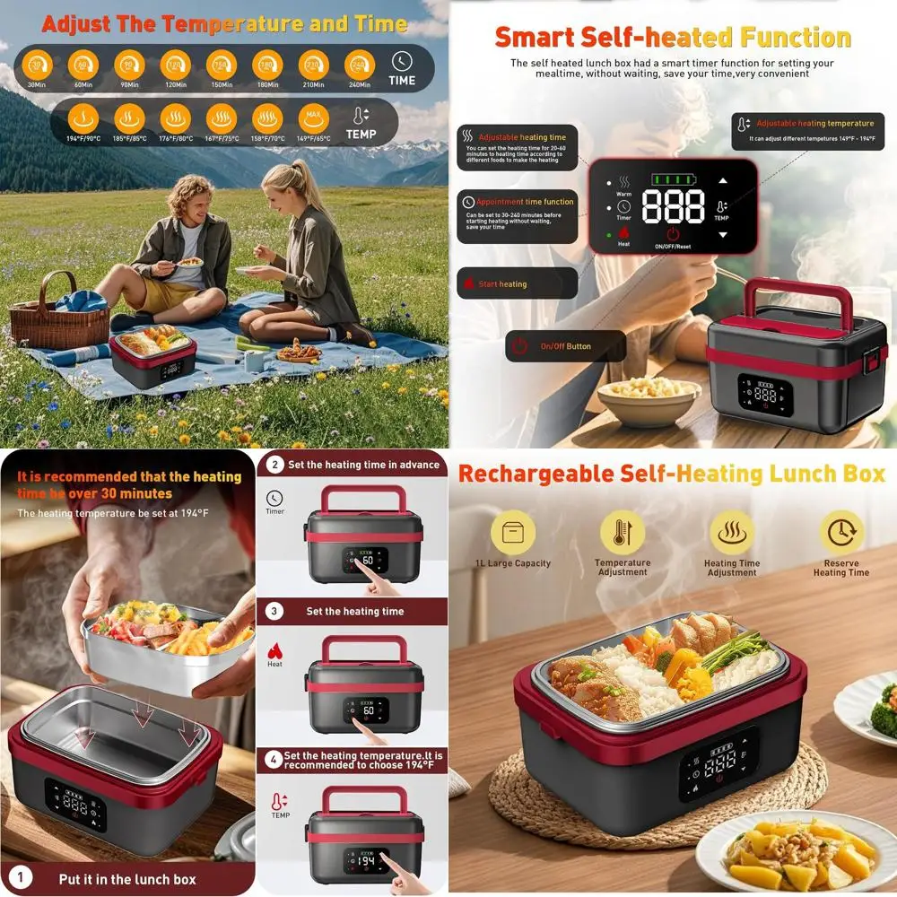 

Cordless Electric Lunch Box, 1L Battery-Powered Stainless Steel Heated Food Warmer for Indoor, Outdoor, Work, Office, Camping, a