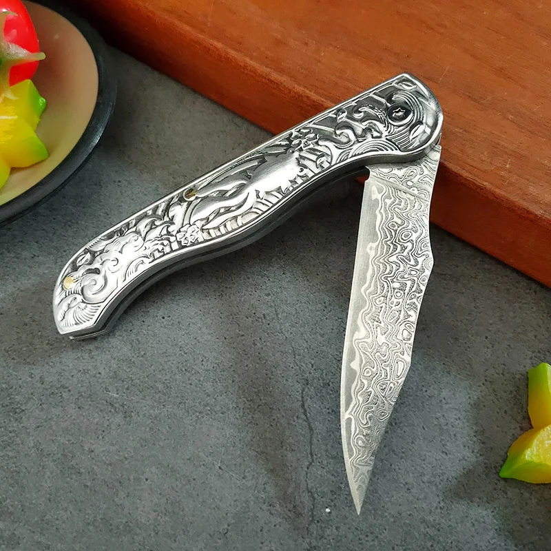 Damascus Knife Folding Knives Chef Cut Meat Paring Fruit Boning Knife Kitchen Knives Damascus Blade Steel Handle Folding Knives