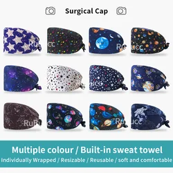 Adjustable Lab Work Hats with Button Star Print Scrub Hat Cotton Nursing Cap Men Women Surgical Hat Cap Homework Dust-Proof Caps