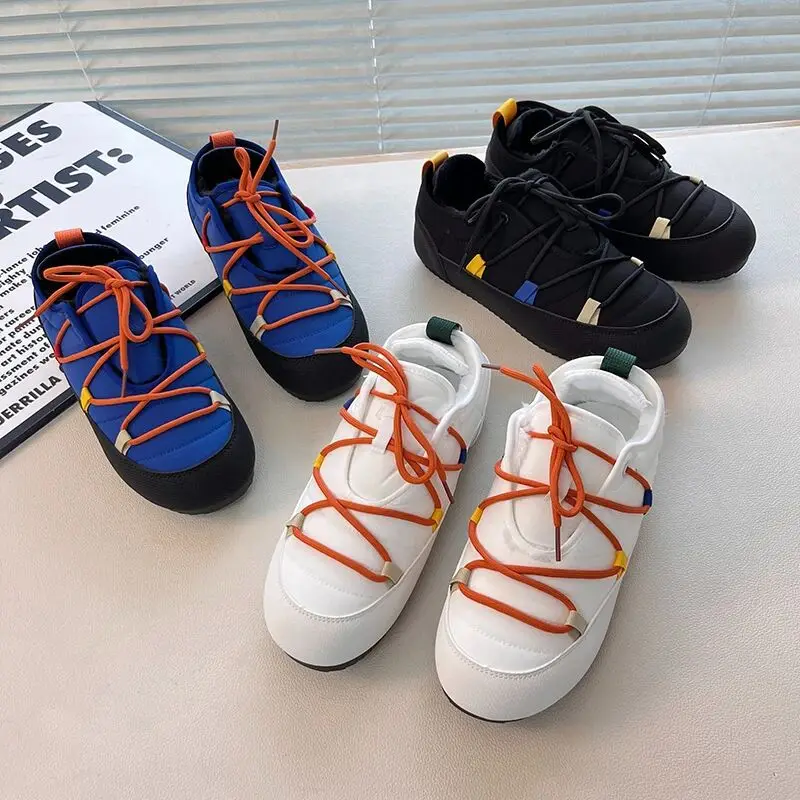 Warm Fleece Lined Men's Winter Sport Shoes Dopaamine Color Cotton Shoes Fashionable Snow Boots Short Tube Low Heel round Head