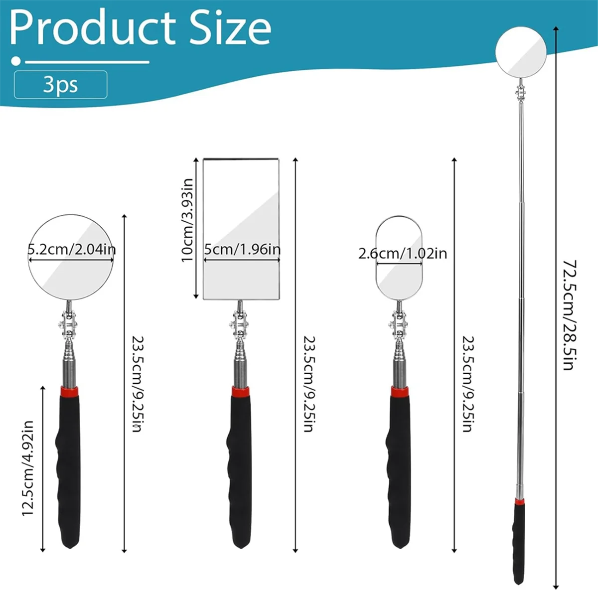 ABEZ 3 Pack Telescopic Inspection Mirror Mechanic Checking Mirror, Inspection Tool for Checking Vehicle, Car, Eyelashes