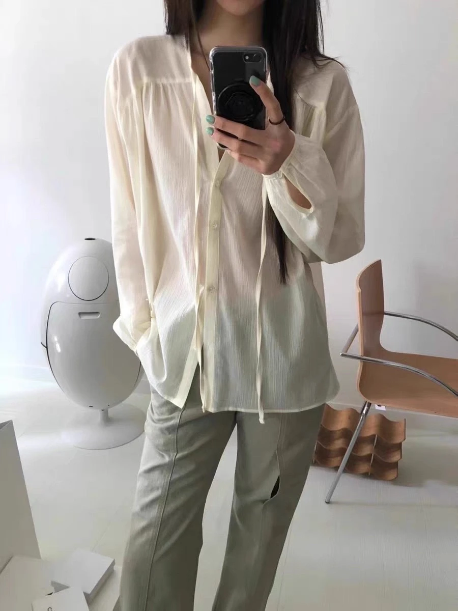 

Ele V-Ne Tie-Detail Thin Long Sve irt Summer New Sle PREON Women's Busin Casual Cotton Loose Fit irt