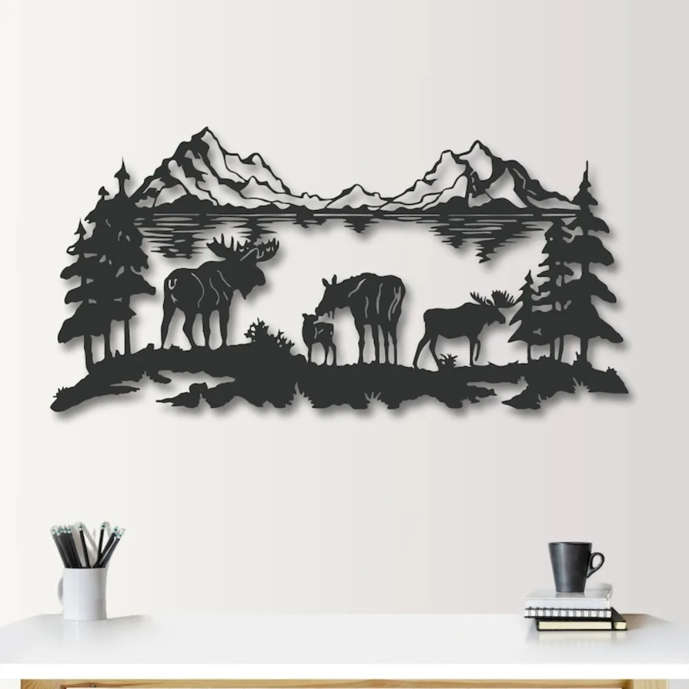 Moose Family Iron Wall Art, Rustic Lake Silhouette Metal Decor for Cabin Patio, Wildlife Hunting Gift