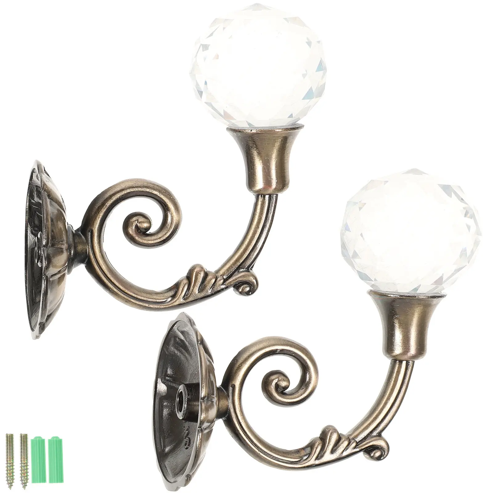 Elegant Vintage Crystal Ball Drapery Hooks Pair Brass Finish Curtain Holdbacks for Windows Walls Clothes Hats Home Decor