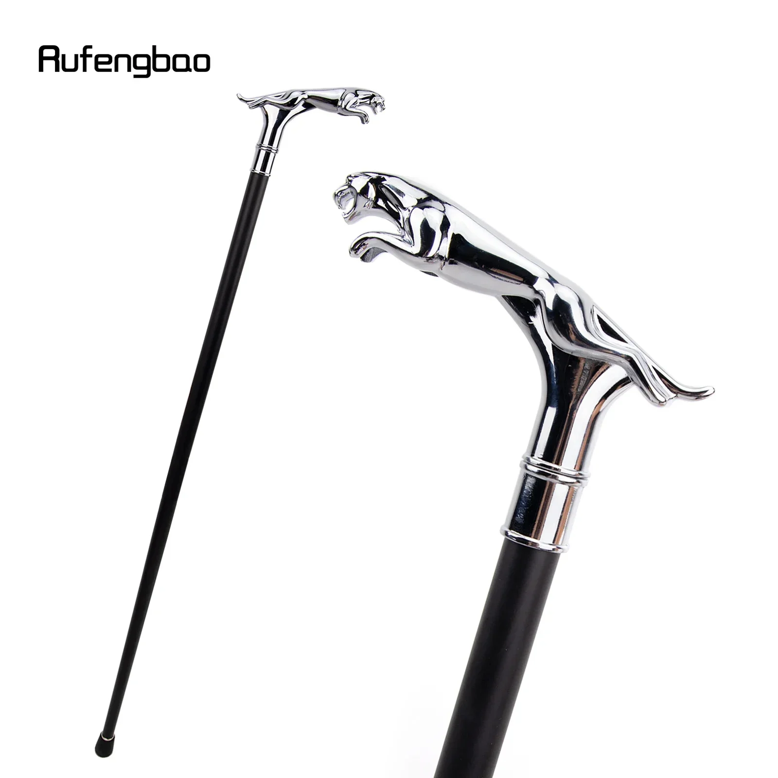 Silver Luxury Leopard with Tail Single Joint Walking Stick Decorative Cospaly Party Fashionable Cane Halloween Crosier 93cm