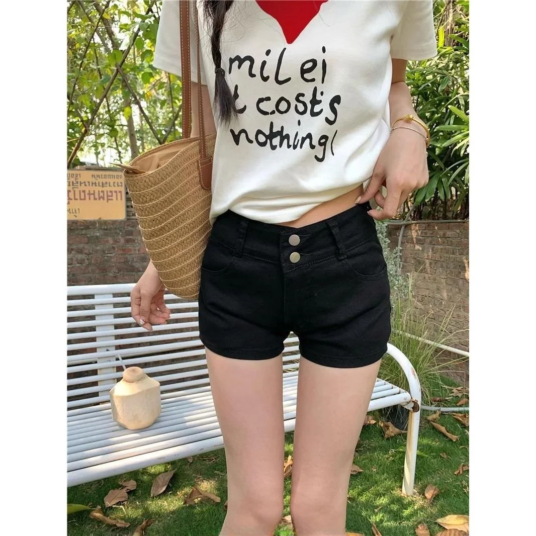

Black Low Waist American Style Hot Girl Jeans Shorts Summer New Straight Leg Slimming Casual Tight Hot Pants Women's Jeans