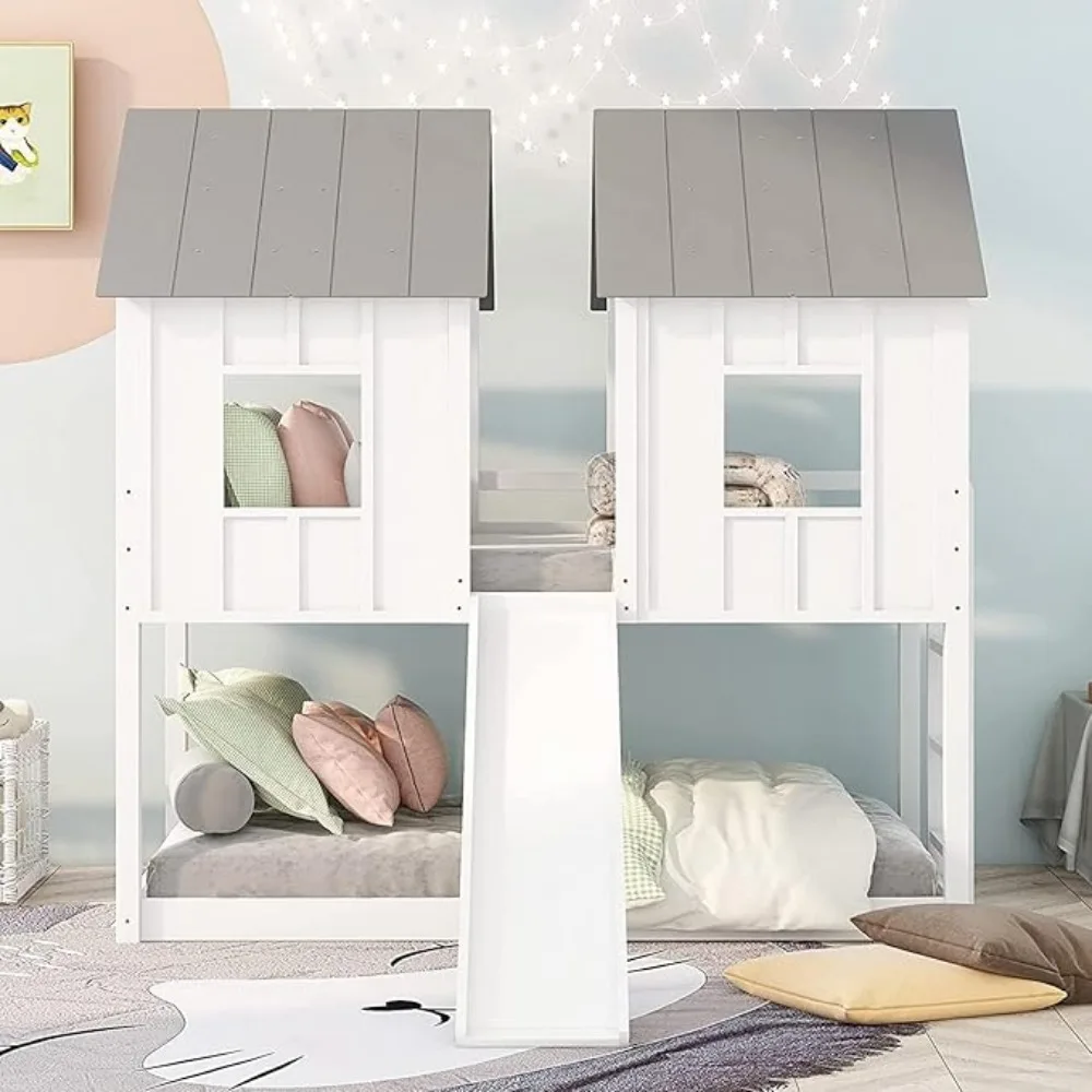 Wooden Bunk Bed with Windows, Ladder, Guardrails and Twin Size Children Furniture,Modern Children Beds Playhouse Bunk Bed