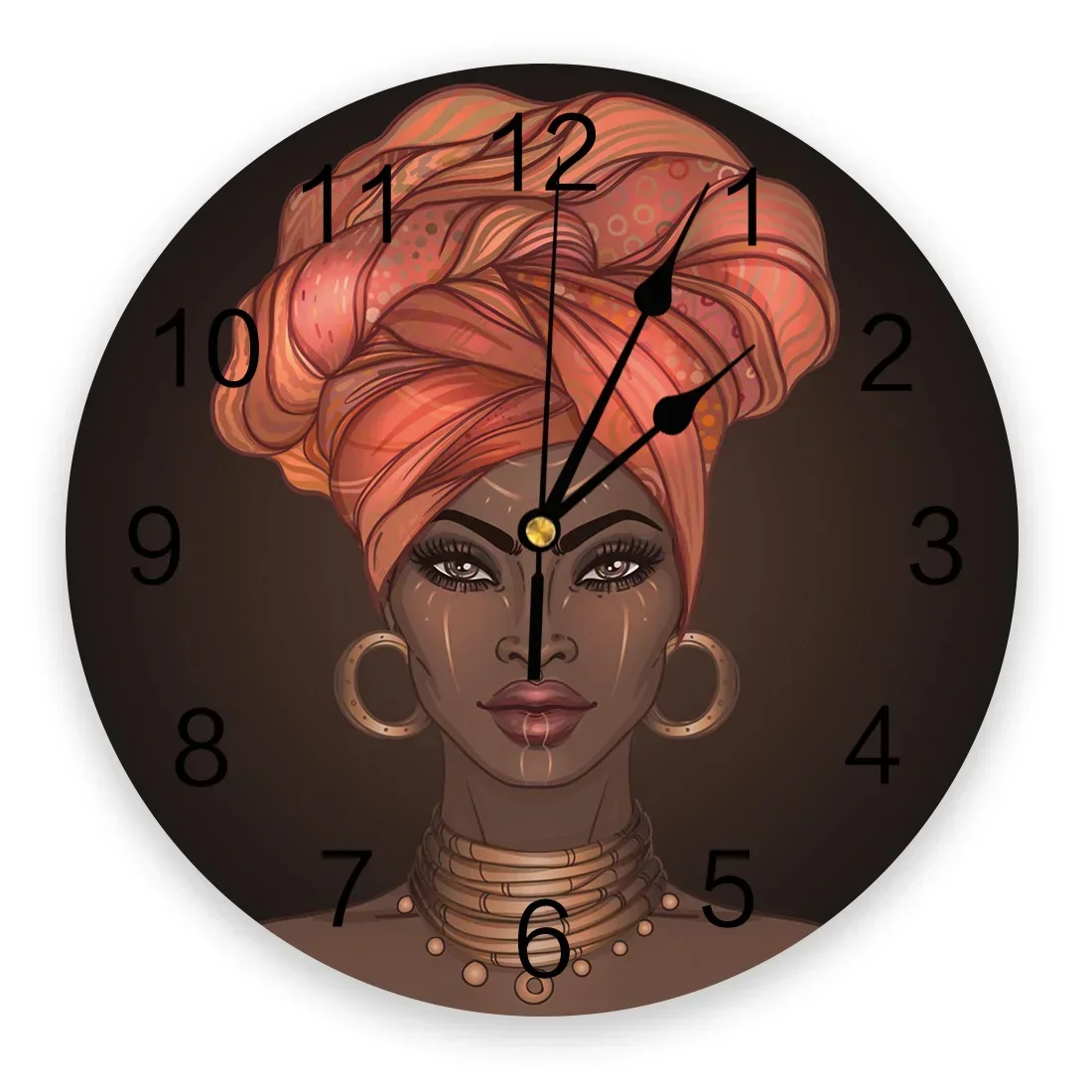 African Woman Headscarf Girl Earrings Living Room Clock Wall Round Clocks Decor Home Bedroom Kitchen Decoration