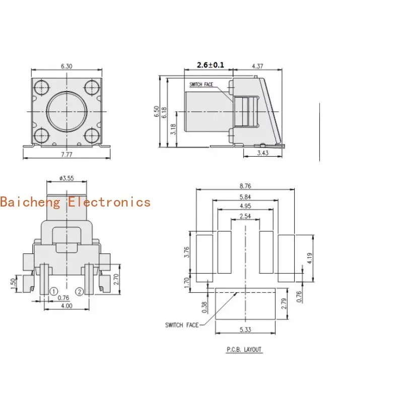 100PCS Waterproof and dustproof patch with 2-pin bracket, side button lightly touched, side button switch 6 * 6 * 5.6mm