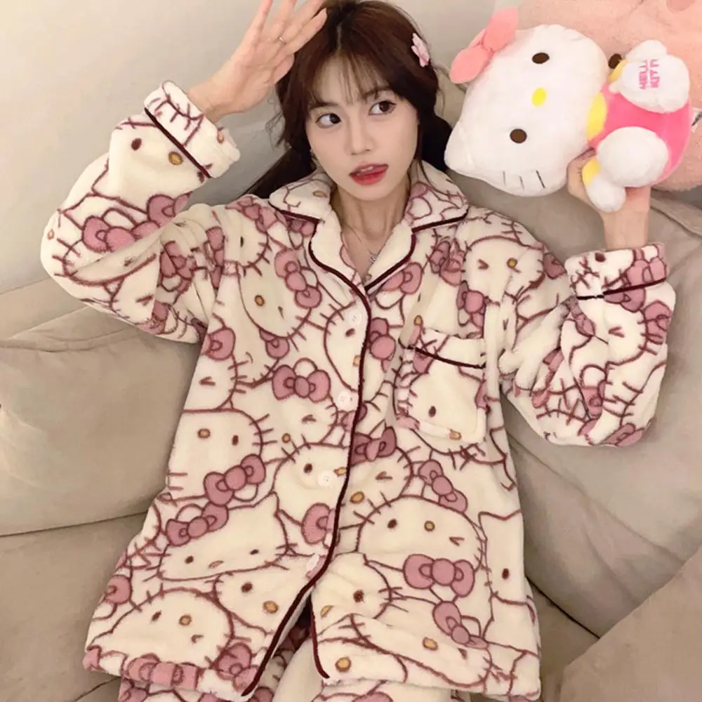 Sanrio Cartoon Hallo Kitty Korallen Samt Homewear Anime Frauen 2Pcs Plüsch Pyjamas Set Kawaii Herbst Homewear Verdicken Mädchen Nette