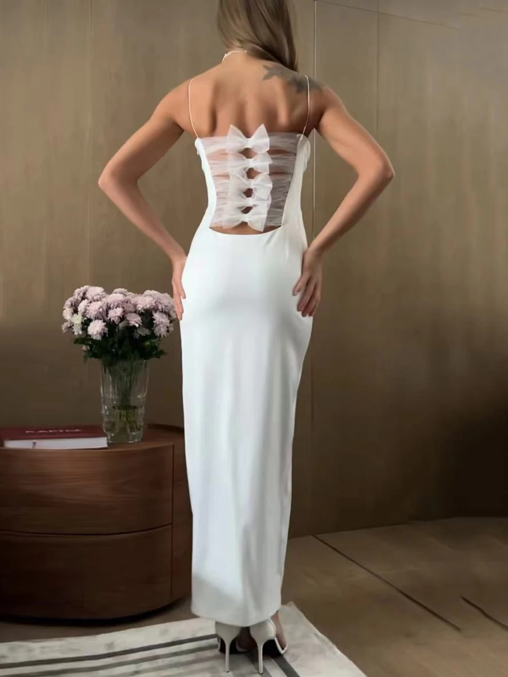 Modphy Women 3D Flower Strapless Bodycon Maxi Dress White Strapless Sleeveless Patchwork Backless Ruched Party Sexy Long Dress