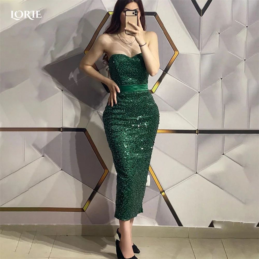 

LORIE Glitter Green Evening Dresses Sequins Off Shoulder Sweetheart Bodycon Celebrity Gowns Sparkly Shiny Tea-Length Party Gown