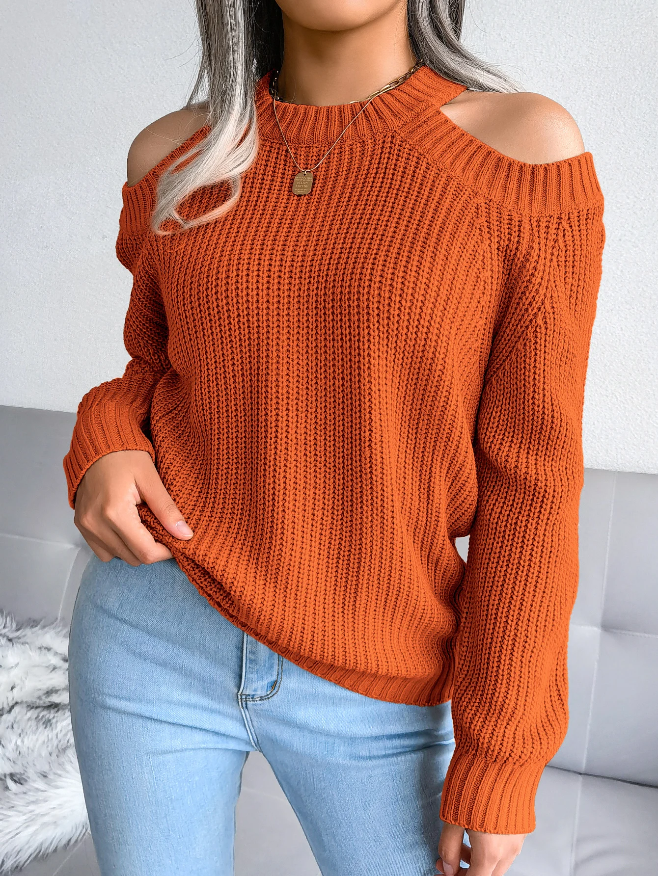 Automne hiver décontracté couleur unie col rond épaules dénudées à manches longues tricoté pull pour les femmes pull haut