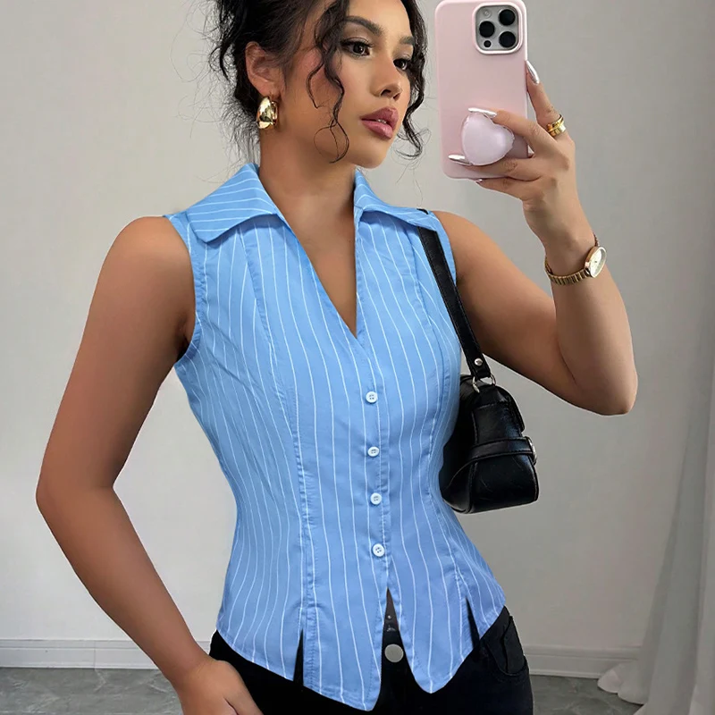 

Summer V-Neck Striped Shirt for Women 2025 Slim Sleeveless Short Woman Shirt Casual Solid Button Woman Clothes
