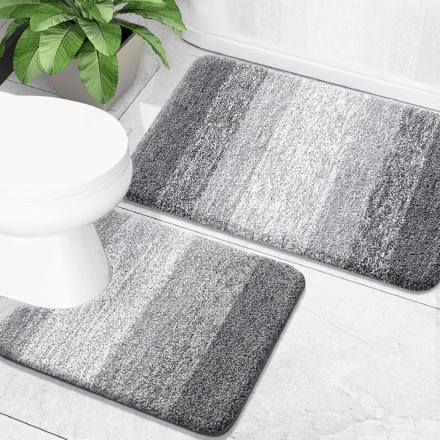 

Soft Absorbent Microfiber Bathroom Rug Set, Non-Slip Machine Washable Plush Mats for Toilet and Floor, Grey 24x16+24x20 Inches