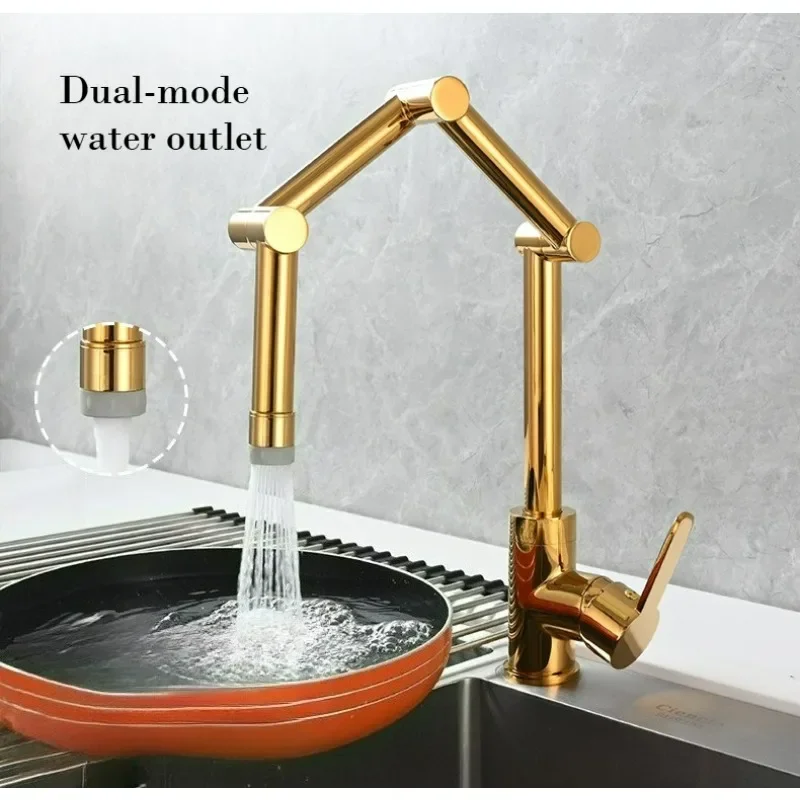 Brushed Gold Foldable Kitchen Faucet Triple Joint Swing Hot Cold Brass Deck Mounted Sink Tap Mixer for Modern Home Decor