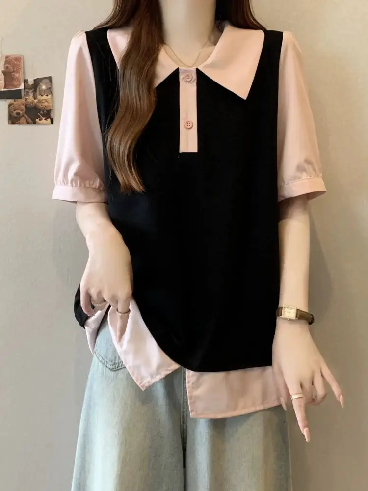 

Stylish Polo Collar Short Sleeve Shirt Women Summer New Fashion Pseudo Two Piece Top