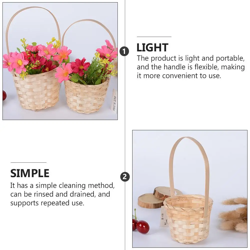 5 Pcs Basket Handmade Rustic Decorative Flower Container Storage Tote Fruit Flower Picnic Reusable Bamboo Container