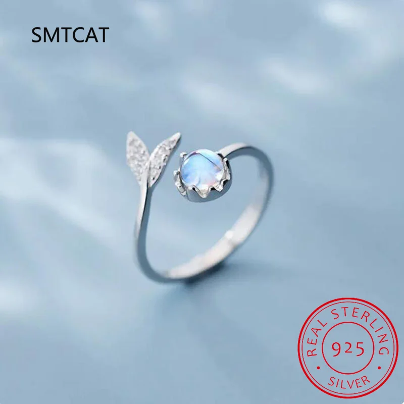 925 Sterling Silver Cute Fish Tail Mermaid Moonstone Personality Adjustable Ring Fine Jewelry For Women Party Elegant Accessorie