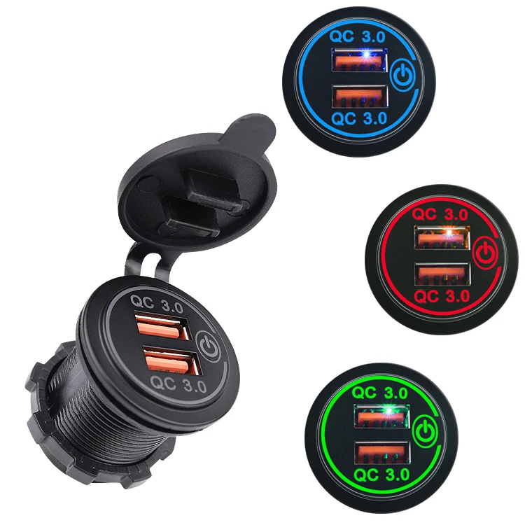 2022 New Quick Charge QC3.0 Dual USB Car Charger Cigarette Lighter Socket Waterproof 12V/24V  Fast Charger With Touch Switch