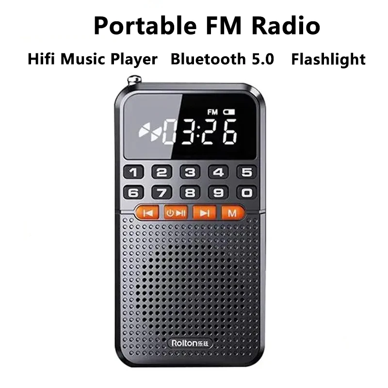 Portable FM Mini Radio Dual Antenna Pocket Radio Receiver Bluetooth 5.0 Speaker TF Card Music Player with LED  Flashlight