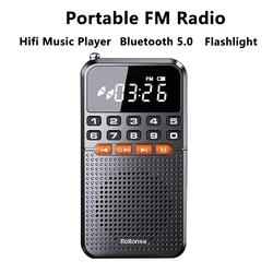 Przenośny Mini Radio FM podwójna antena kieszonkowy odbiornik radiowy Bluetooth 5.0 karta TF do głośnika odtwarzacz muzyki z latarką LED