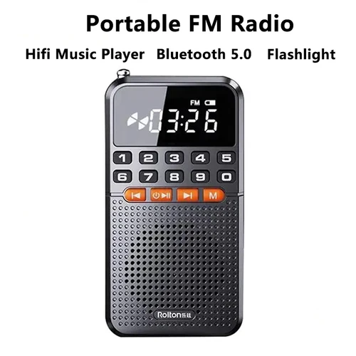 Mini Radio FM portátil, receptor de Radio de bolsillo con antena Dual, Altavoz Bluetooth 5,0, reproductor de música con tarjeta TF y linterna LED